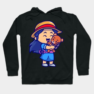 Cute Girl With Teddy Bear Doll Cartoon Hoodie